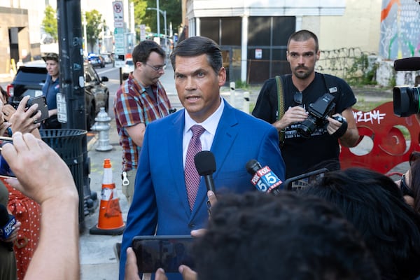 Former Lt. Gov. Geoff Duncan speaks to reporters after testifying at Fulton County Courthouse in Atlanta on Monday, August 14, 2023. (Arvin Temkar/arvin.temkar@ajc.com)