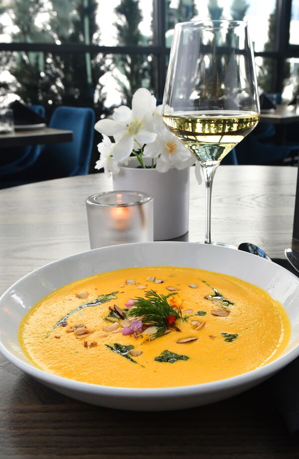 Sweet Potato Bisque, Sofrito, Smoked Almonds. (Styling by 5Church's executive chef Rodney Smith / Chris Hunt for the AJC)