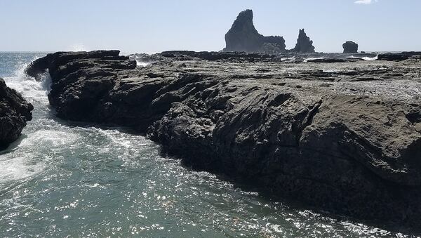 Pacific waves fill a deep trench in the rocks at Playa Maderas, Nicaragua, with a &quot;shark&apos;s tooth&quot; promontory in the background. (Simon Groaner/Minneapolis Star Tribune/TNS)