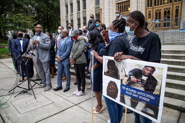 Attorney Mawuli Davis speaks at Monday's press conference. STEVE SCHAEFER / SPECIAL TO THE AJC 