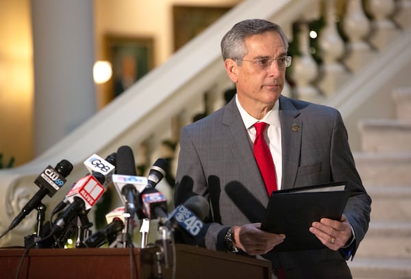 Georgia Secretary of State Brad Raffensperger talks at a press conference at the State Capital Monday, November 7, 2020.  STEVE SCHAEFER FOR THE ATLANTA JOURNAL-CONSTITUTION