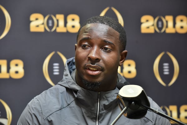 Sony Michel speaks to the media prior to the national championship game.