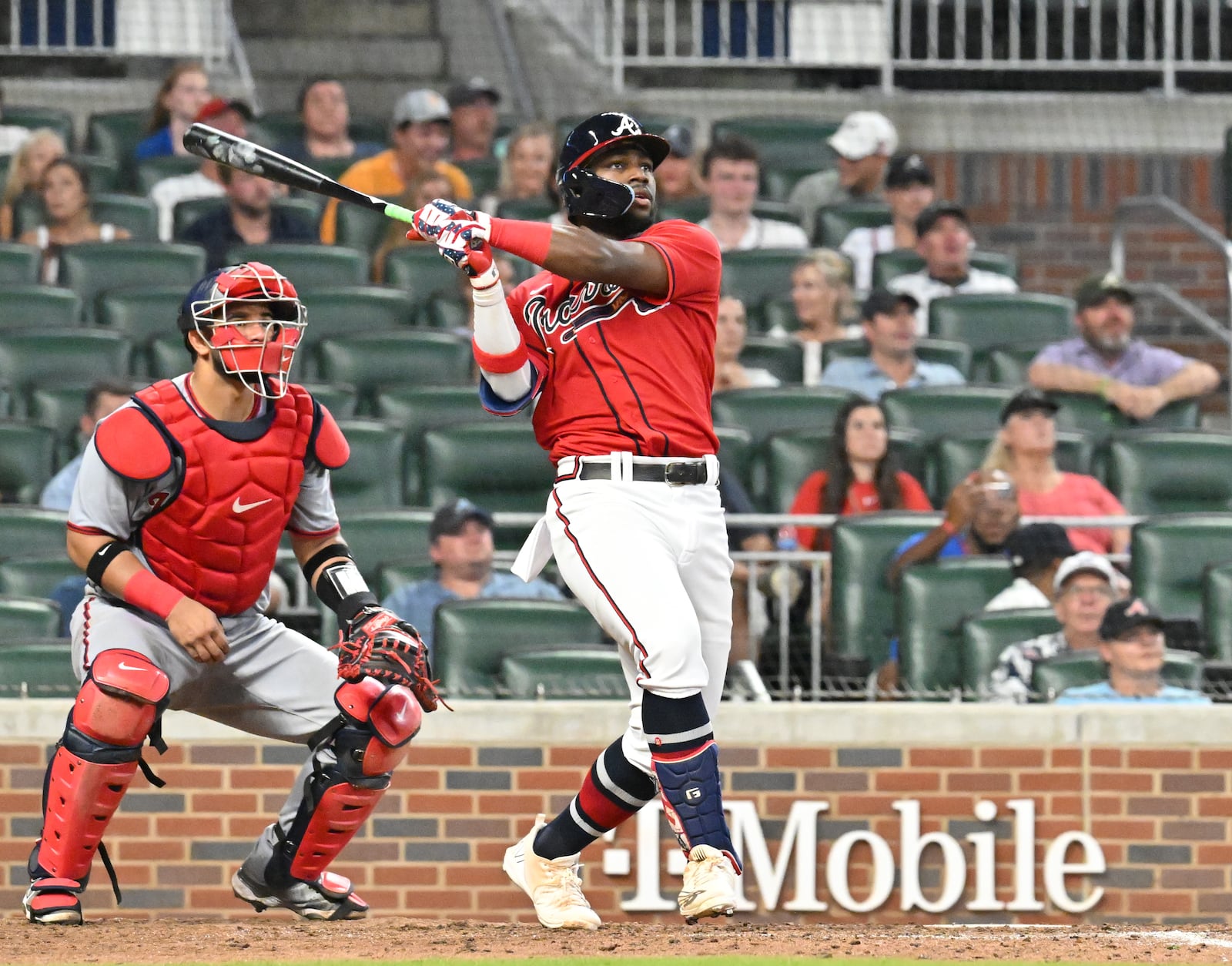 Braves' center fielder Michael Harris (23) hits a 2-run home run in the 8th inning at Truist Park on Friday, July 8, 2022. (Hyosub Shin / Hyosub.Shin@ajc.com)