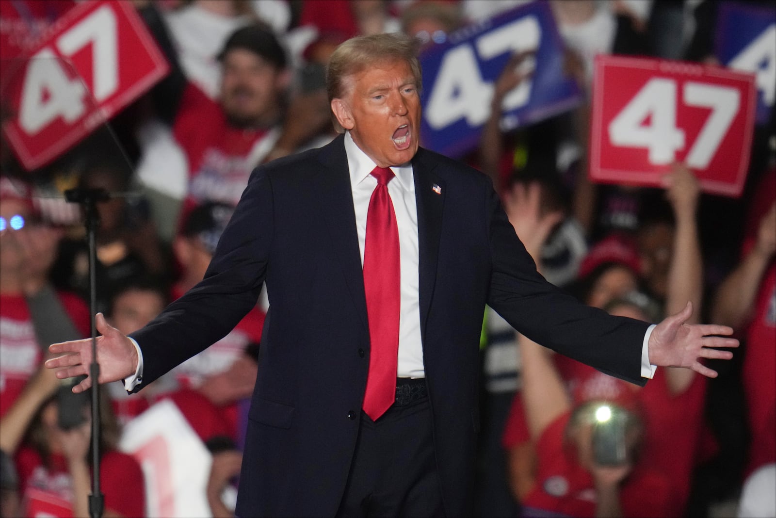 Republican presidential nominee former President Donald Trump arrives at a campaign rally at Macomb Community College Friday, Nov. 1, 2024, in Warren, Mich. (AP Photo/Paul Sancya)