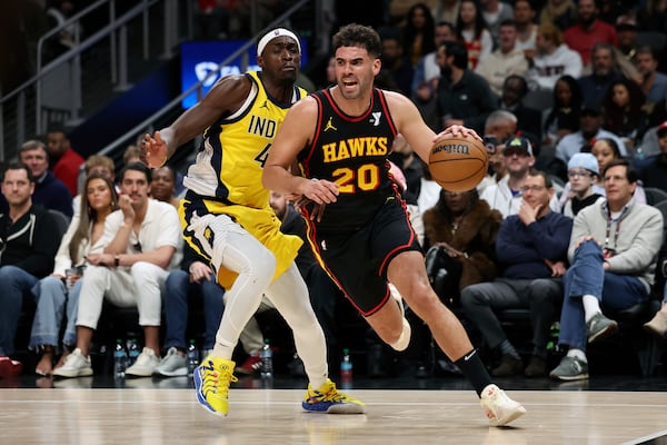 Hawks forward Georges Niang drives to the basket during the team's Thursday night win over the Pacers.