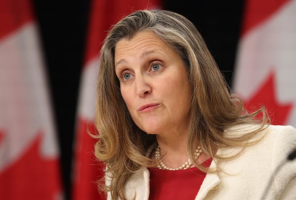 FILE - Minister of Finance and Deputy Prime Minister Chrystia Freeland speaks at a press conference in Ottawa, Ontario, Nov. 19, 2024. (Patrick Doyle/The Canadian Press via AP, File)