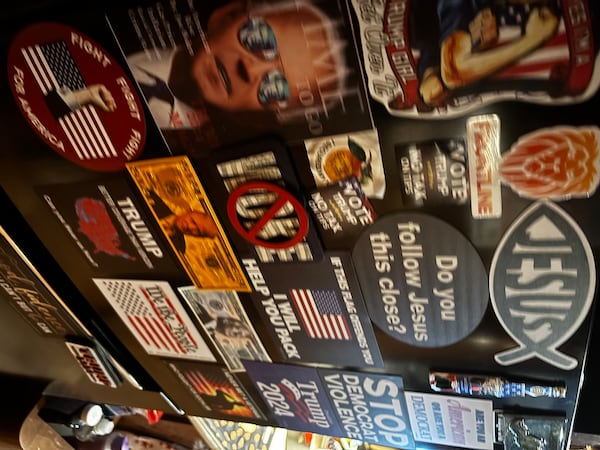 A glimpse of the magnets in the interior of Danny Hamilton's bus. AJC/ Greg Bluestein 