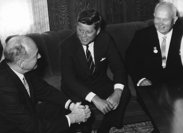 Left to right: U.S. Secretary of State Dean Rusk (1909 - 1994), U.S. President John F. Kennedy (1917 - 1963) and Soviet leader Nikita Khrushchev (1894 - 1971) during their summit meeting in Vienna, 4th June 1961. (Photo by Keystone/Hulton Archive/Getty Images) Left to right: U.S. Secretary of State Dean Rusk (1909 - 1994), U.S. President John F. Kennedy (1917 - 1963) and Soviet leader Nikita Khrushchev (1894 - 1971) during their summit meeting in Vienna, 4th June 1961. (Photo by Keystone/Hulton Archive/Getty Images)