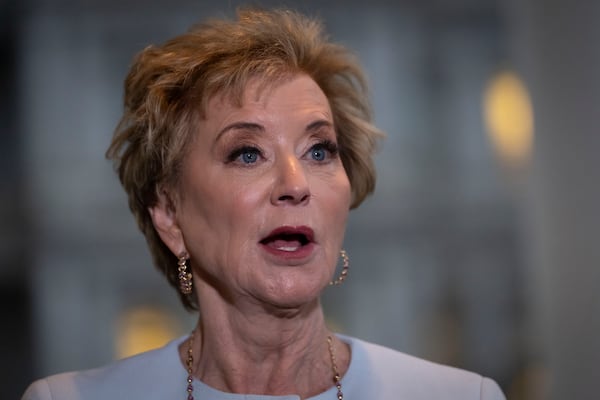 Secretary of Education Linda McMahon speaks to reporters at the White House in Washington, Thursday, March 20, 2025. (AP Photo/Ben Curtis)