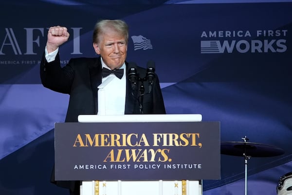 President-elect Donald Trump gestures after speaking during an America First Policy Institute gala at his Mar-a-Lago estate, Thursday, Nov. 14, 2024, in Palm Beach, Fla. (AP Photo/Alex Brandon)