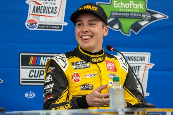 Christopher Bell speaks after his win in a NASCAR Cup Series auto race at Circuit of the Americas in Austin, Texas, Sunday, March 2, 2025. (AP Photo/Stephen Spillman)