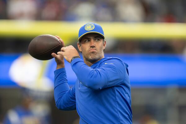 Los Angeles Rams quarterbacks coach Zac Robinson before an NFL football game against the San Francisco 49ers, Sunday, Sept. 17, 2023, in Inglewood, Calif. (AP Photo/Kyusung Gong)