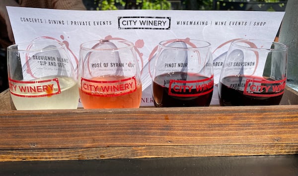 The $15 wine flights at City Winery are flexible and affordable. (Ligaya Figueras / ligaya.figueras@ajc.com)