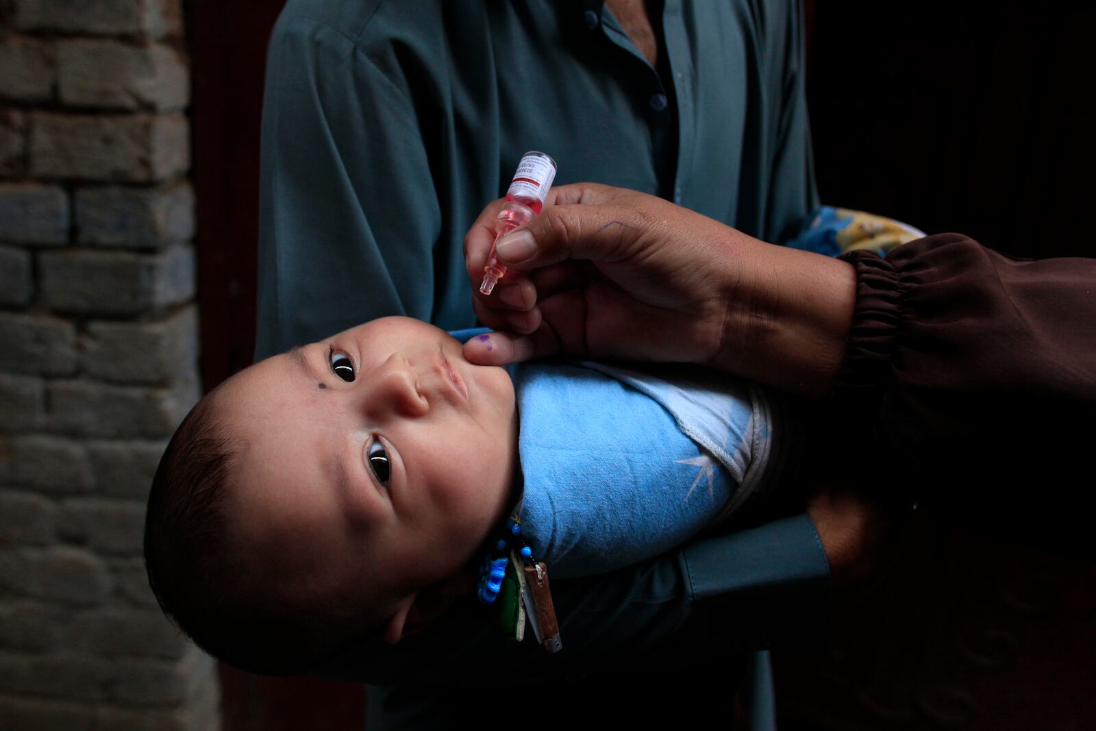 A health worker administers a polio vaccine to a child in a neighbourhood of Peshawar, Pakistan, Monday, Oct. 28, 2024. (AP Photo/Mohammad Sajjad)