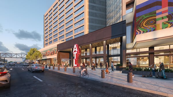 Exterior renderings of the Center show a large-scale “digital interactive sculpture” in the spot along Centennial Olympic Park Drive that previously was home to the 5,000-pound aluminum CNN logo. (Courtesy of CP Group)