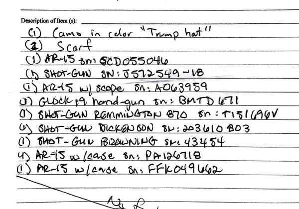 A list of weapons and other items seized by the FBI during the January 2021 arrest of Americus attorney William McCall Calhoun, Jr., for his alleged participation in the Jan. 6 U.S. Capitol riot. Calhoun asked a federal judge to order prosecutors to return the guns, saying they weren't relevant to the case.