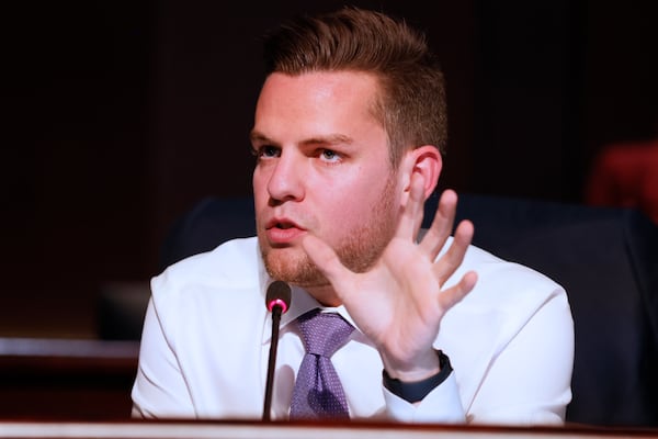 Atlanta Council member Matt Westmoreland speaks with councilmembers on Monday, August 15, 2022.  Miguel Martinez / miguel.martinezjimenez@ajc.com