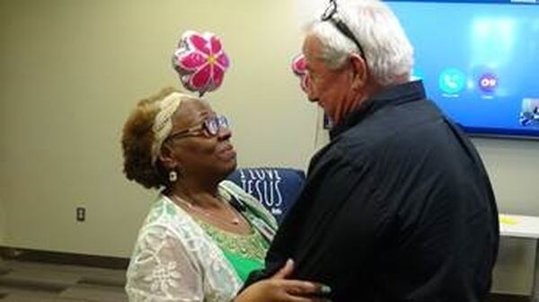 Howell Stewart offers his congratulations to Velma Blackwell, who recently retired from Northside Hospital Cherokee. Stewart and Blackwell have been friends since her first days as a nurse at the hospital. CONTRIBUTED BY DANA JOHNSON