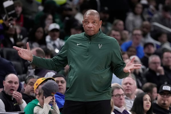 Milwaukee Bucks head coach Doc Rivers reacts during the second half of an NBA basketball game against the Los Angeles Lakers Thursday, March 13, 2025, in Milwaukee. (AP Photo/Morry Gash)