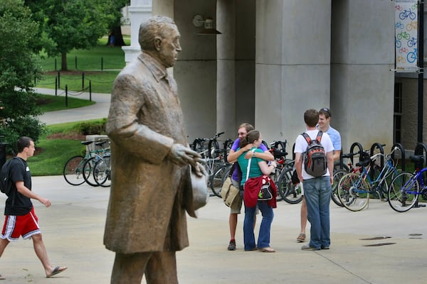 Emory University students outside the Robert W. Woodruff Library. 