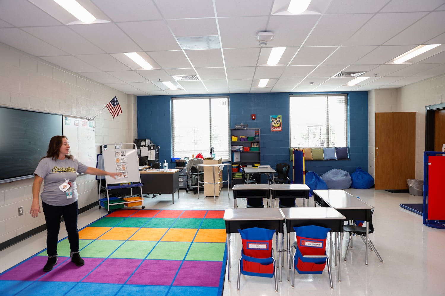 Kelly Lopez, an integrated special needs paraprofessional, shows off the new classroom at Eastvalley Elementary School in Marietta on Monday, Oct. 16, 2023. (Natrice Miller/ Natrice.miller@ajc.com)