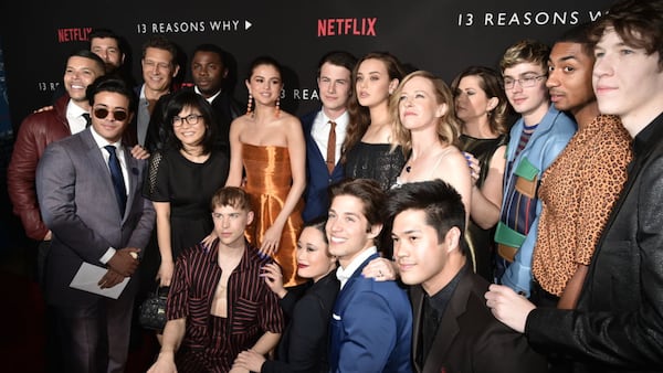 LOS ANGELES, CA - MARCH 30:  Christian Navarro, Robert Gant, Derek Luke, Keiko Agena, Selena Gomez, Dylan Minnette, Katherine Langford, Amy Hargreaves, Miles Heizer, Devin Druid Tommy Dorfman, Michele Selene Ang, Brandon Larracuente and Ross Butler attend the Premiere Of Netflix's "13 Reasons Why" - Arrivals at Paramount Pictures on March 30, 2017 in Los Angeles, California.  (Photo by David Crotty/Patrick McMullan via Getty Images)