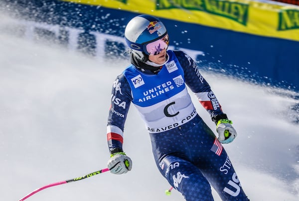 Lindsey Vonn slides into the finish after her first downhill forerun on the Birds of Prey at the World Cup skiing event, Wednesday, Dec. 11, in Beaver Creek, Colo. (Chris Dillmann/Vail Daily via AP)