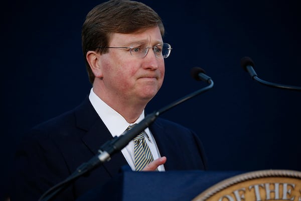 Gov. Tate Reeves pauses Monday as he delivers his State of the State address before a joint session of the Legislature outside the Capitol in Jackson, Miss.