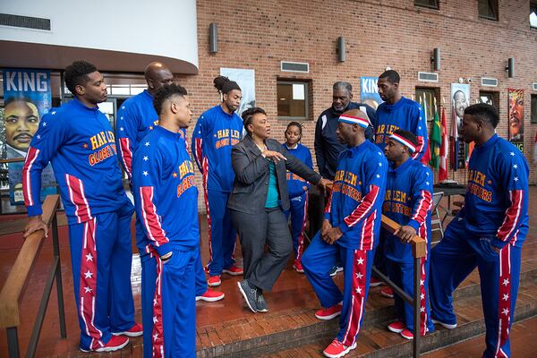 Today, the Harlem Globetrotters are based in metro Atlanta. In 2018, the team met with Bernice King at the King Center. (Brett D. Meister)