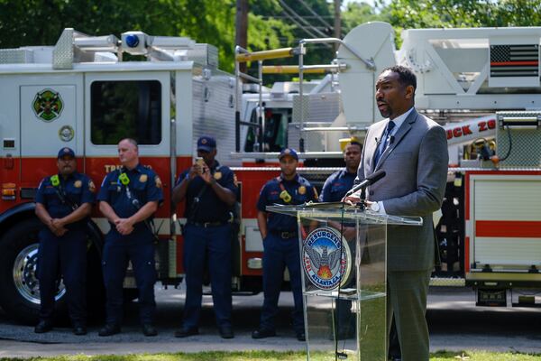 Mayor Andre Dickens speaks in front of Atlanta Fire and Rescue Station 26 on Howell Mill Road NW in Atlanta on Monday, May 16, 2022.  (Arvin Temkar / arvin.temkar@ajc.com)