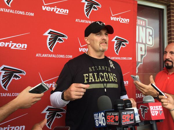 Falcons coach Dan Quinn after practice on Thursday, August 6, 2015. He's hoping Devonta Freeman makes it back from a hamstring injury soon. (By D. Orlando Ledbetter/Dledbetter@ajc.com)