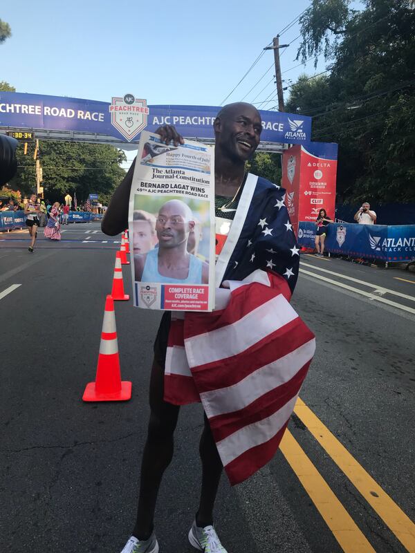 Bernard Lagat, 43 of Tuscon, Arizona, finished first among the elite men with a time of 28:45.