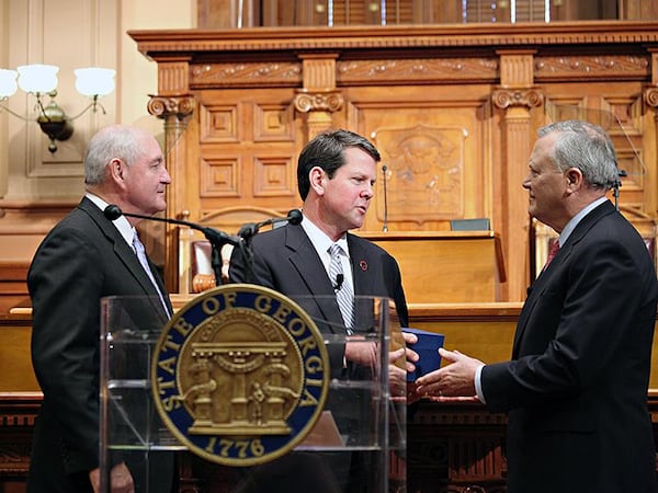 Gov. Brian Kemp, flanked by former Govs. Sonny Perdue, left, and Nathan Deal, right, says Georgia has changed since the days when his two Republican predecessors won the Governor's Mansion. Races against Democrats will tighten in the future, he said, "but we are a red state that has conservative values, with people who will stand up to fight for what we believe in.” Photo and capsule: georgia.gov.