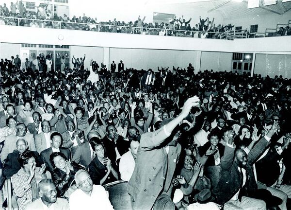 Mason Temple in Memphis, Tenn., where King delivered two dramatic speeches to pro-strike rallies, including this one on March 18, 1968. CONTRIBUTED BY ERNEST C. WITHERS TRUST, COURTESY OF WITHERS FAMILY TRUST, WWW.WITHERSCOLLECTION.ORG.