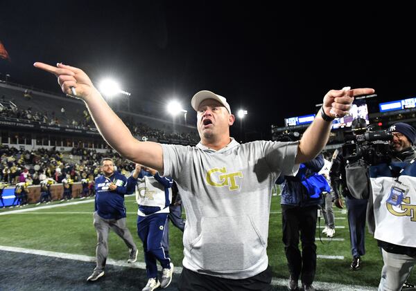 Georgia Tech head coach Brent Key reacts as he leaves the field after Georgia Tech beat North Carolina State during an NCAA college football game at Bobby Dodd Stadium, Thursday, November 21, 2024, in Atlanta. Georgia Tech won 30-29 over North Carolina State. (Hyosub Shin / AJC)