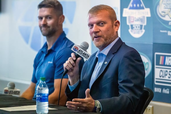 Brandon Hutchison (right) sits next to Steve Swift during a press conference at Atlanta Motor Speedway in  Hampton Tuesday, July 6, 2021.  STEVE SCHAEFER FOR THE ATLANTA JOURNAL-CONSTITUTION