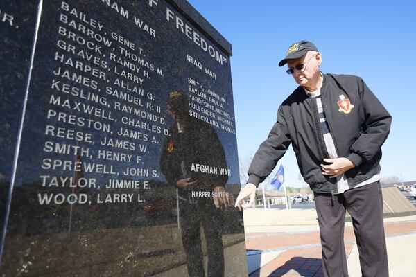 LTC Barry Gardner, President of Carrol County Veterans Memorial Park Association, points out the possible location for Sgt. William Rivers’s name on one of the memorial walls on Tuesday, January 30, 2024. The association is planning a dedication day for Sgt. William Rivers, after the official funeral services in Fort Moore.
Miguel Martinez /miguel.martinezjimenez@ajc.com