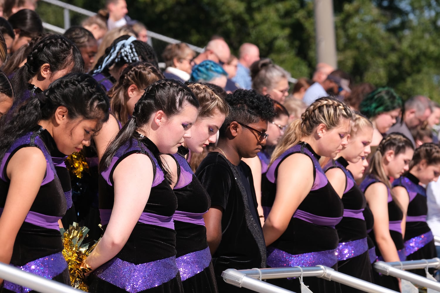 The Apalachee drill team observes a moment of silence after the pledge.
Apalachee High School returned to the field against Athens Clarke Central Saturday September 28, 2024 in their first game since the school schooting earlier in the month.

 Nell Carroll for the Journal Constitution