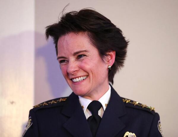 January 10, 2017, Atlanta: Atlanta Chief of Police Erika Shields smiles during her oath of office ceremony at the Commerce Club on Tuesday, Jan. 10, 2017, in Atlanta.    Curtis Compton/ccompton@ajc.com