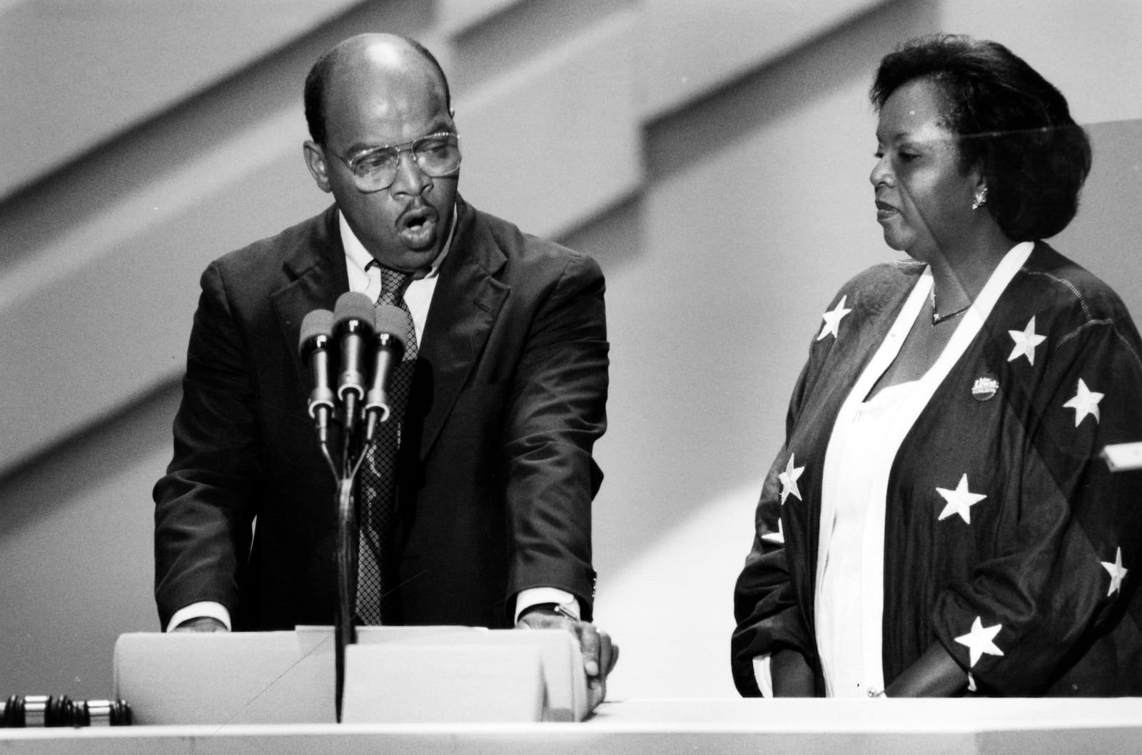 During John Lewis' first term as a congressman, Atlanta was named as the host city for the 1988 Democratic National Convention, one of the largest events the city had hosted up to that time. Lewis, with his wife Lillian by his side, delivered a speech on the last night of the convention. (Frank Niemeir / AJC Photo Archive at GSU Library AJCP177-014b)