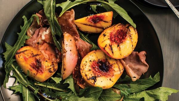 Jusst peachy: Shaved ham and sorghum lend salty and sweet notes to this grilled peach dish.