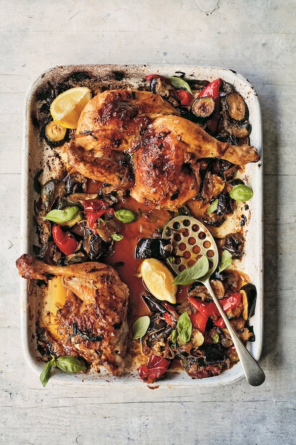 Ratatouille Sheet-Pan Chicken is Melissa Clark’s sheet-pan interpretation of a French classic. The recipe is from her latest book, “Dinner in French: My Recipes by Way of France” (Potter, $37.50). CONTRIBUTED BY LAURA EDWARDS