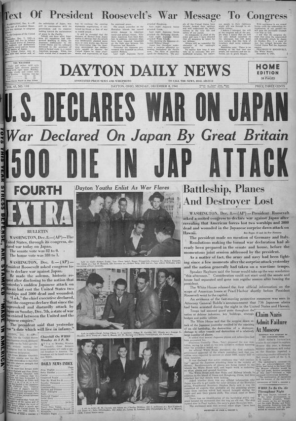  The front page of the Dayton Daily News covering the attacks on Pearl Harbor. 