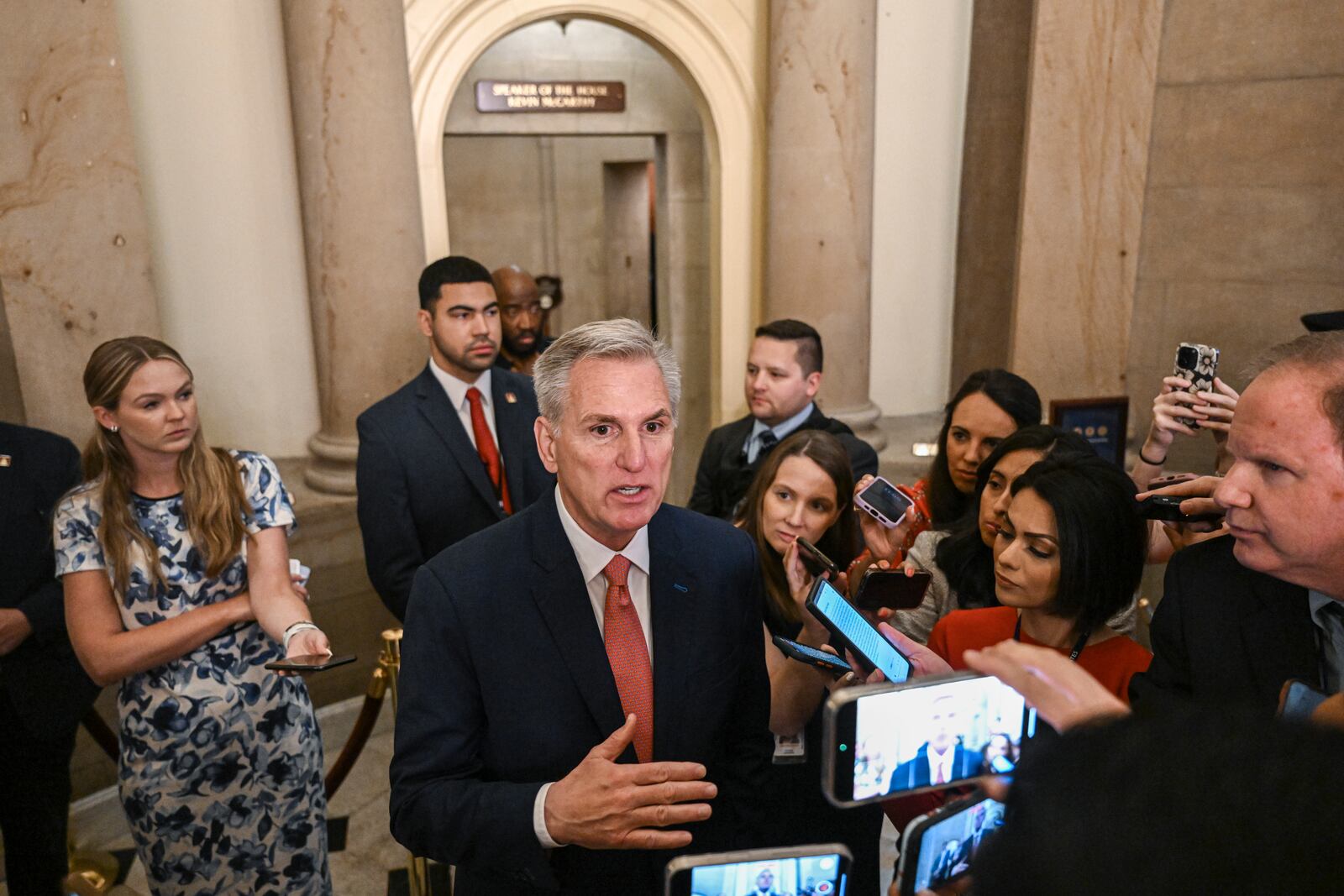 House Speaker Kevin McCarthy, R-Calif., speaks to reporters at the U.S. Capitol in Washington, June 7, 2023. Hard-right Republicans pressed their mutiny against McCarthy into a second day on Wednesday, keeping their grip on control of the House floor in a raw display of their power that raised questions about whether the speaker could continue to govern his slim and fractious majority. (Kenny Holston/The New York Times)