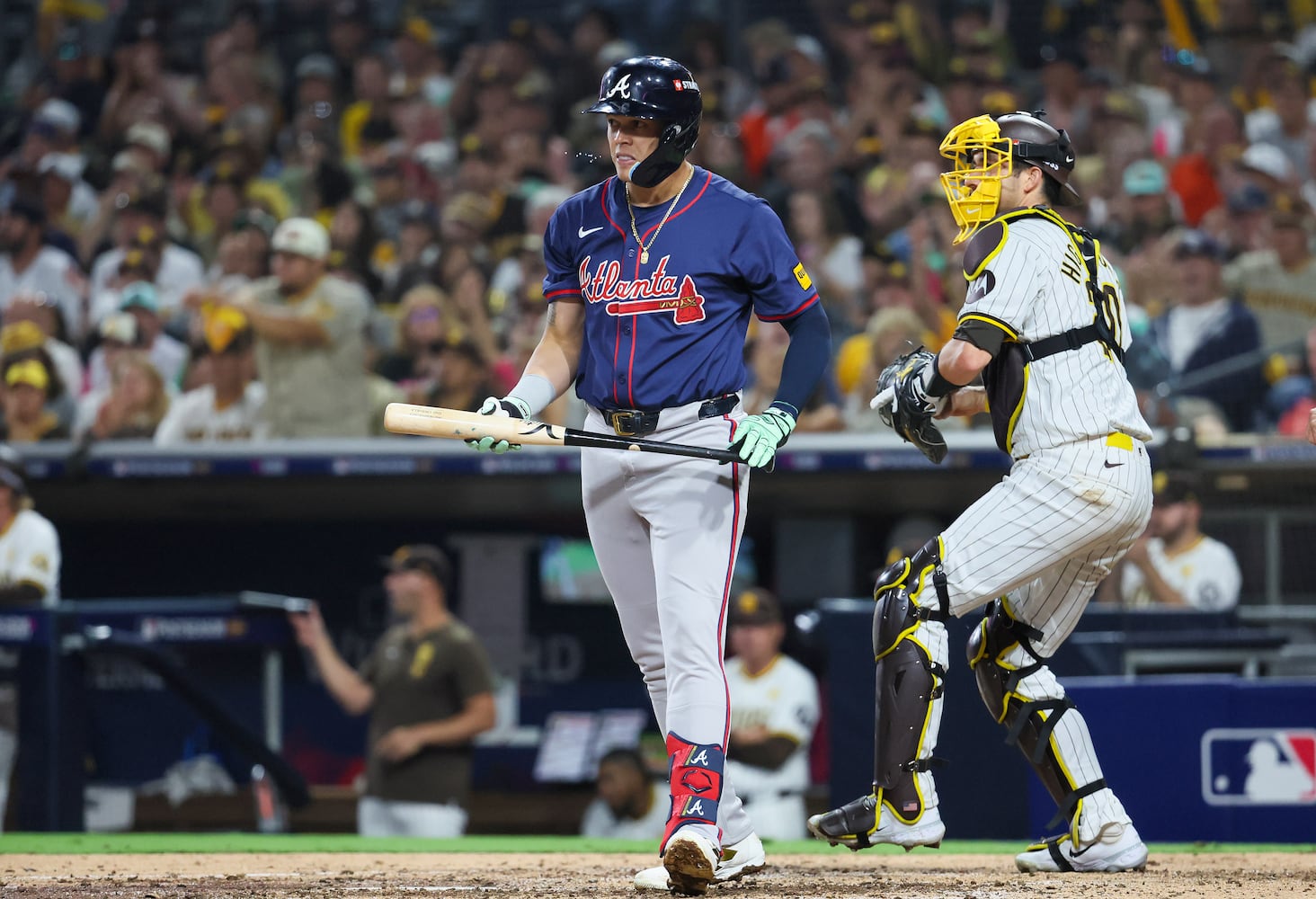 Atlanta Braves’ Gio Urshela strikes out in front of San Diego Padres catcher Kyle Higashioka during the fifth inning of National League Division Series Wild Card Game Two at Petco Park in San Diego on Wednesday, Oct. 2, 2024.   (Jason Getz / Jason.Getz@ajc.com)