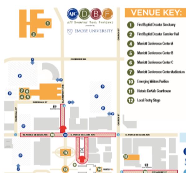 The guide includes a map of the 17 venues scattered across downtown Decatur.