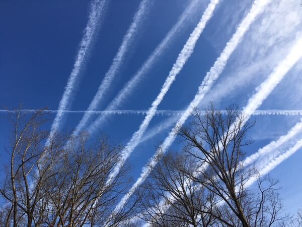 "Do you think there was enough airplane activity in the sky?  This was taken from my driveway on March 8, 2020 and there were more contrails than just these, but couldn’t get them all in," wrote Carol Crooks of Jonesboro.