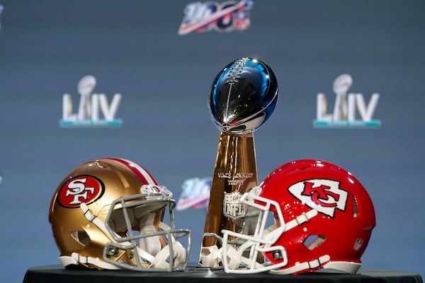 The Vince Lombardi Trophy is displayed in Miami.