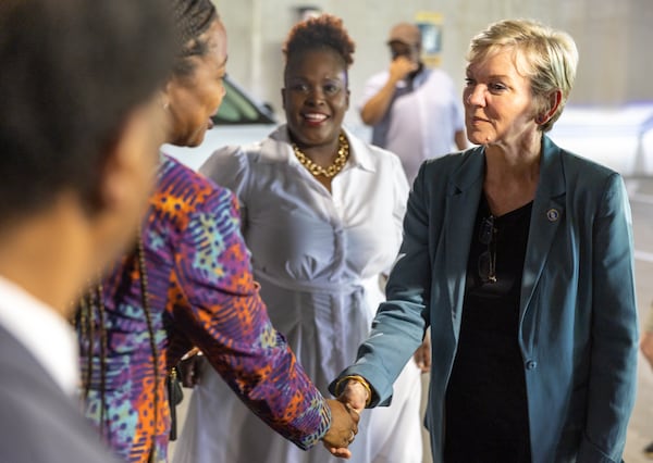 (L-R) U.S. Energy Secretary Jennifer Granholm (right) meets local leaders of clean energy groups on Wednesday, June 28, 2023 at Georgia Tech before participating in a town hall hosted by the Atlanta Journal-Constitution and Georgia Tech. (Arvin Temkar / arvin.temkar@ajc.com)