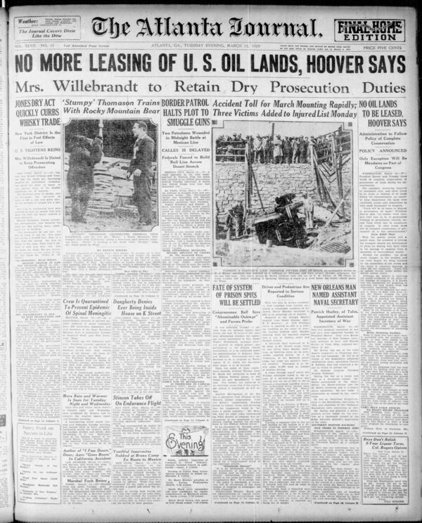 The Atlanta Journal front page March 12, 1929.